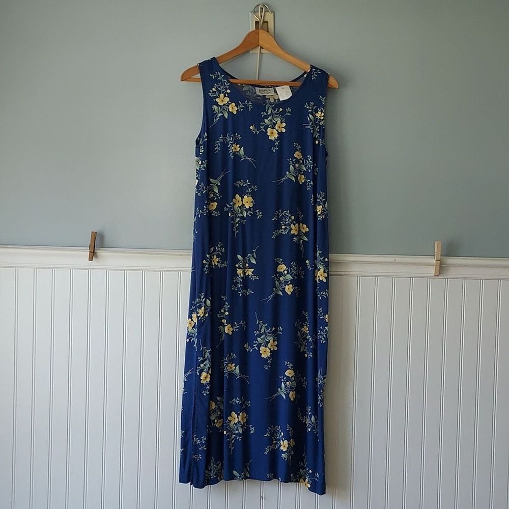 Erika Collection Petites PM Sleeveless Tank Dress Blue Yellow‎ Floral Popover